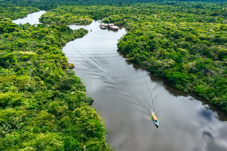Amazon rainforest with lake and boat