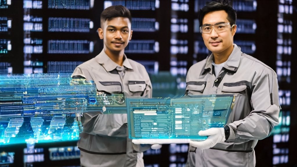 AI generated image of people designing printed circuit boards.
