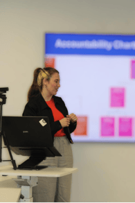 Morag Dine, head of growth, giving presentation of accountability chart.