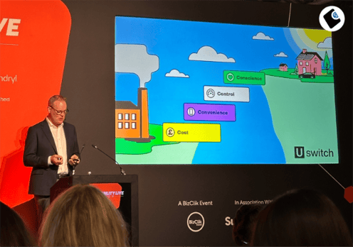 A panel discussion at Sustainability Live London featuring Angus McCarey, CEO of USwitch. Angus is stadium at a podium with a mic. On his right is a screen presenting the 4 Cs from the Diffusion of Innovations model: Cost, Convenience, Control, and Conscience.