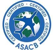 ASACB certification badge with white globe and green patches and a blue plane over it.