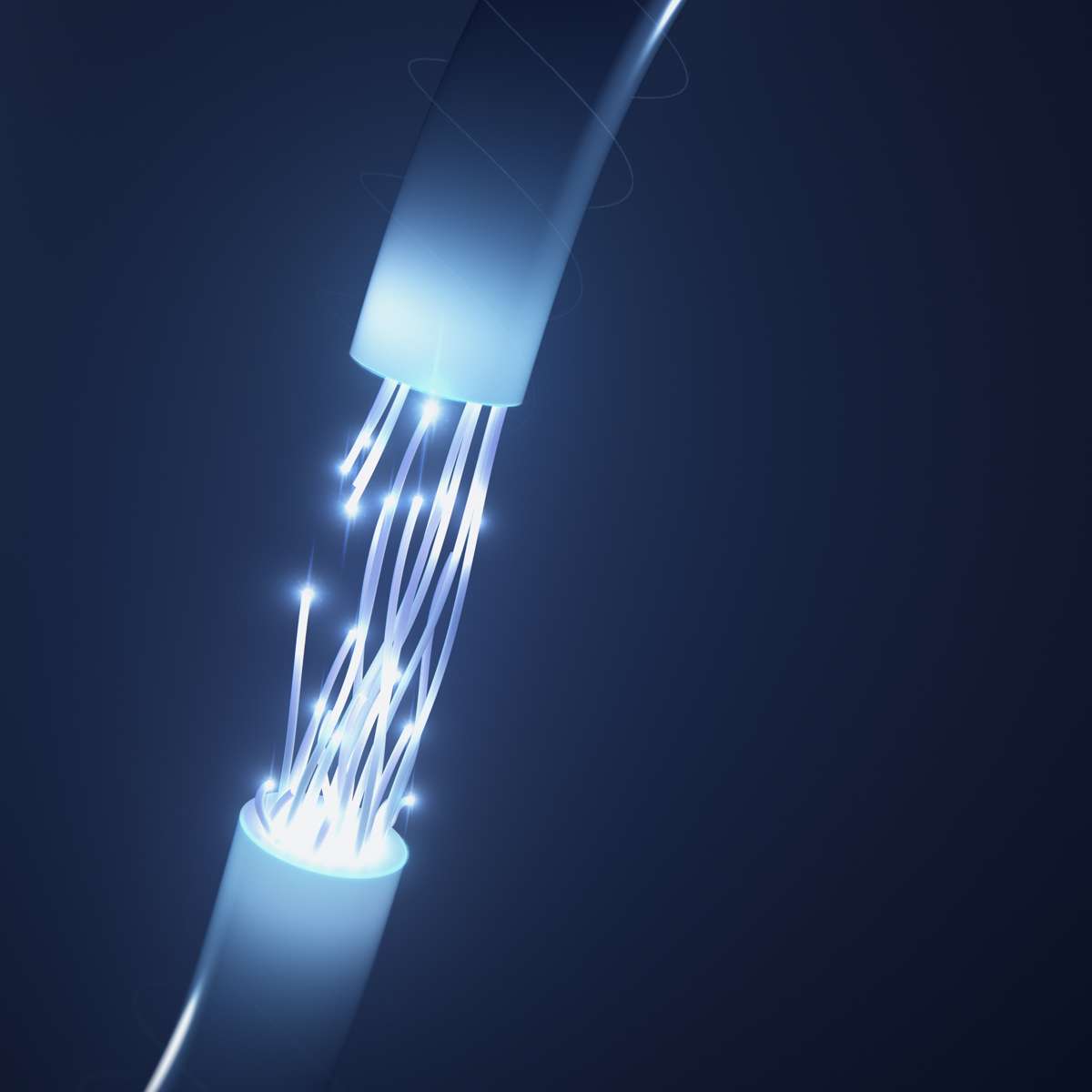 Neon blue lights illuminating a cable fibre connection, showcasing advanced technology and connectivity.