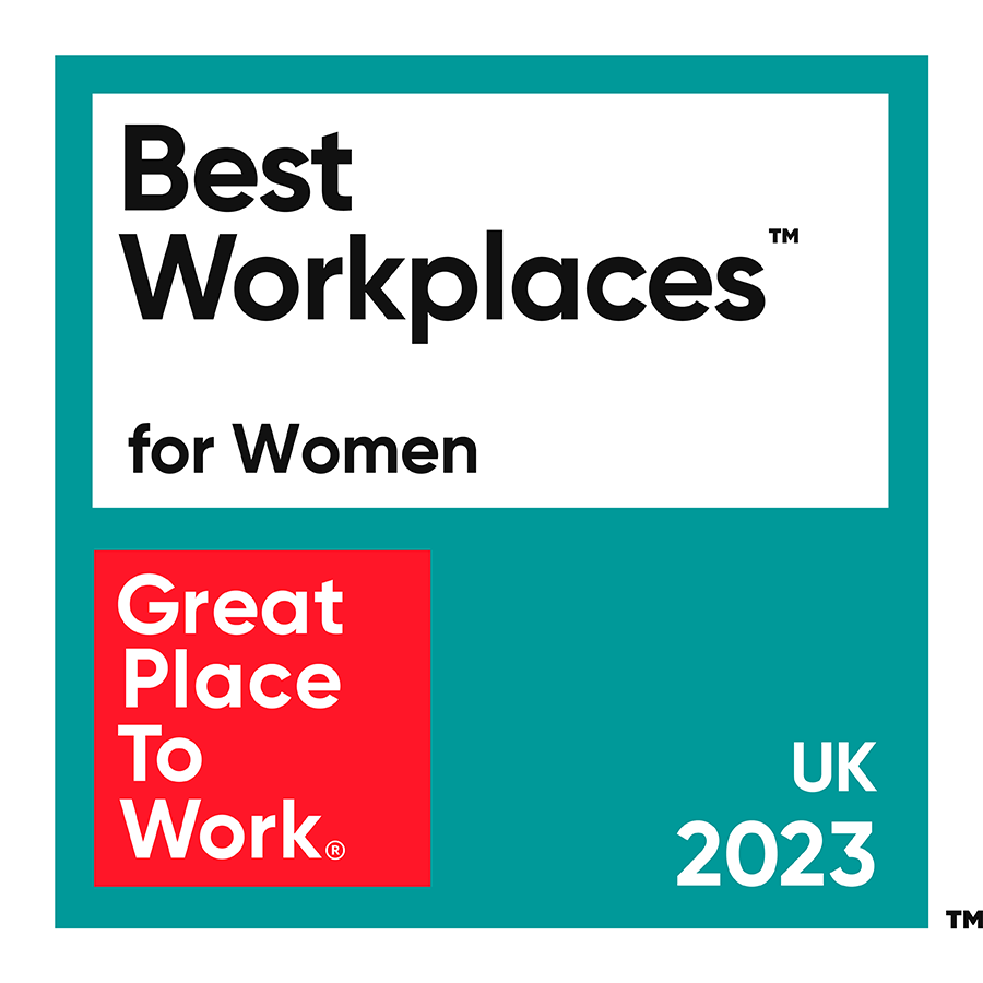 Best Workplaces for Women badge with teal and red background