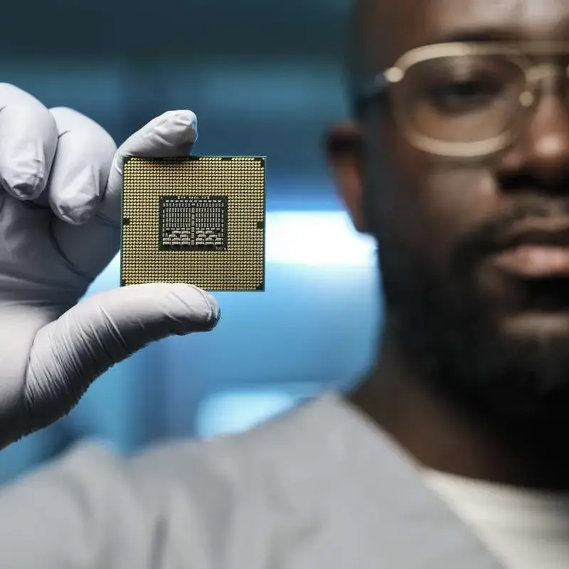 Black man with gold glasses holding up a microchip in Component Sense transparent logo shape.