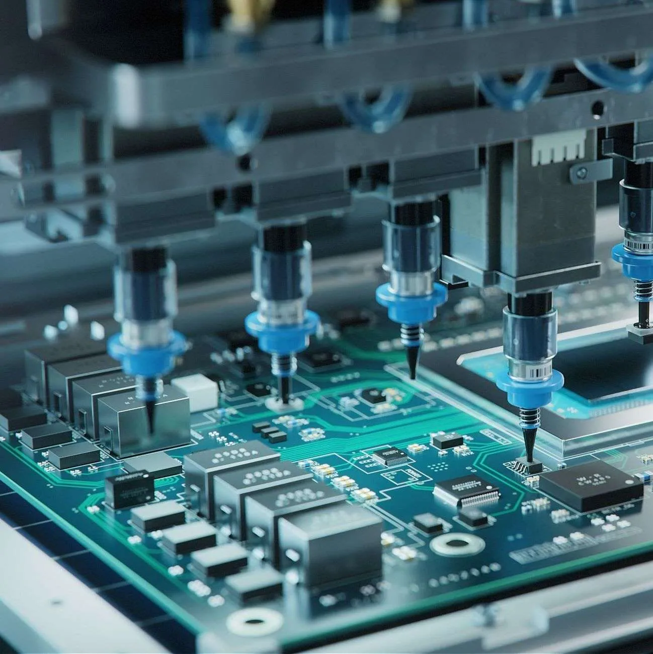 Electronic components being mechanically placed on a printed circuit board. 