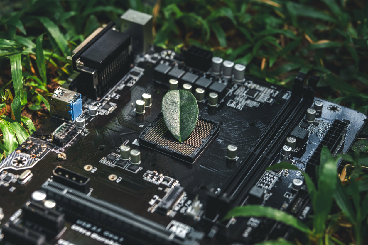 Component Sense transparent logo shape. Inside is a blue and orange electronic circuit board featuring electronic chips. 