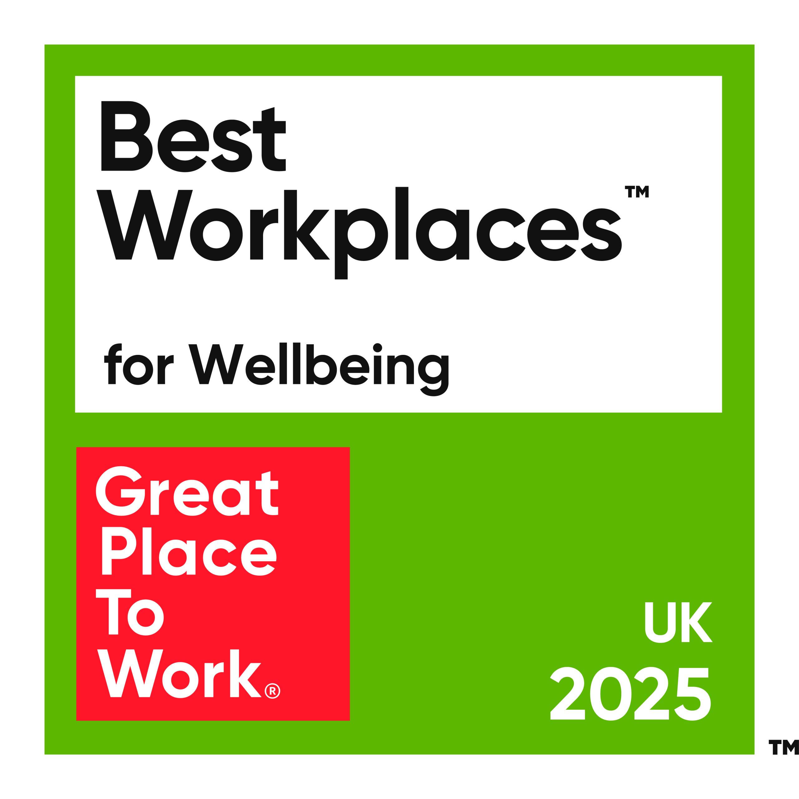 Great Place to Work UK for Wellbeing 2025 green and red banner