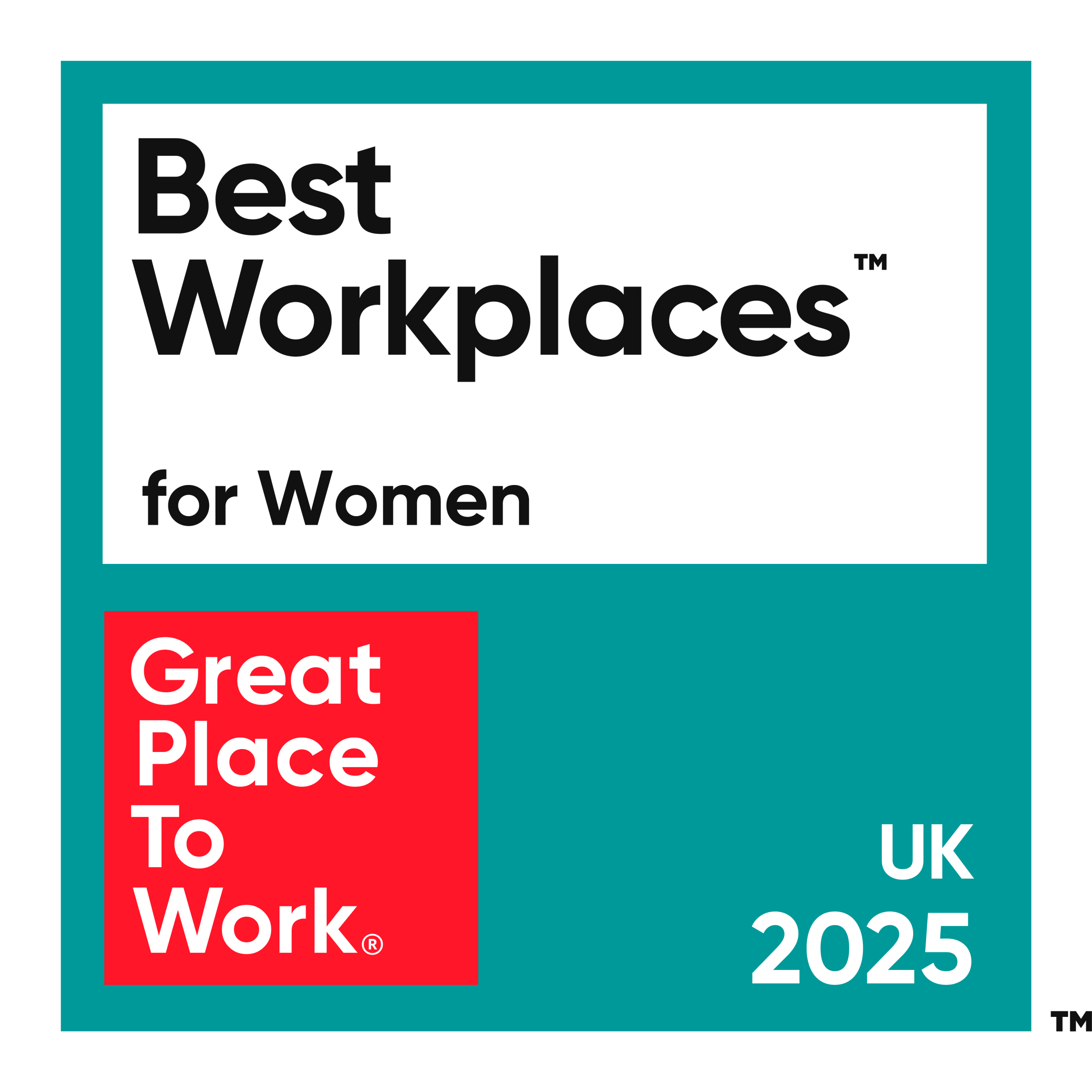 Great Place to Work UK for Women 2025 teal and red banner